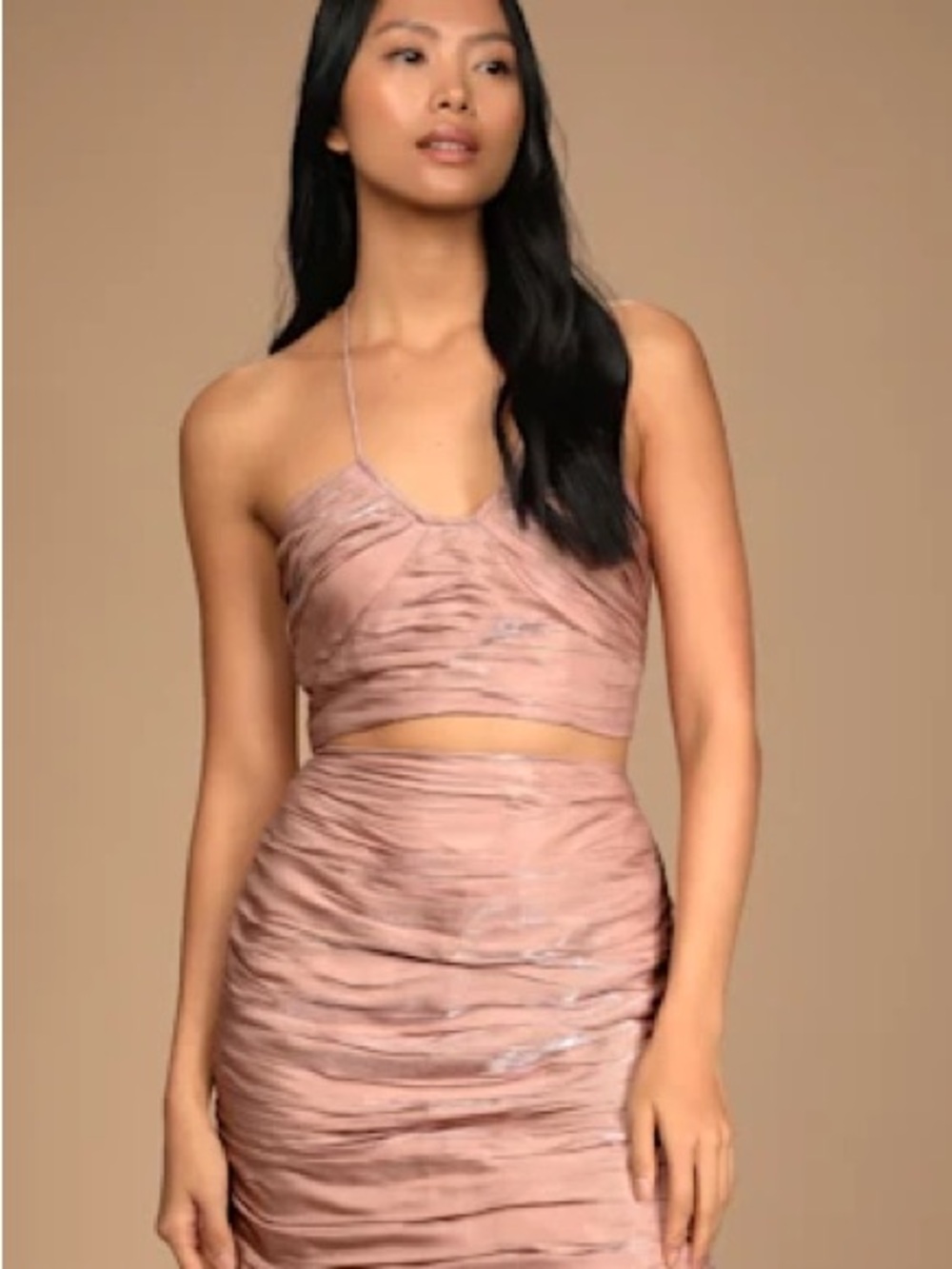 Lulu's Shimmery Ruched Halter Crop & Skirt Set in Blush